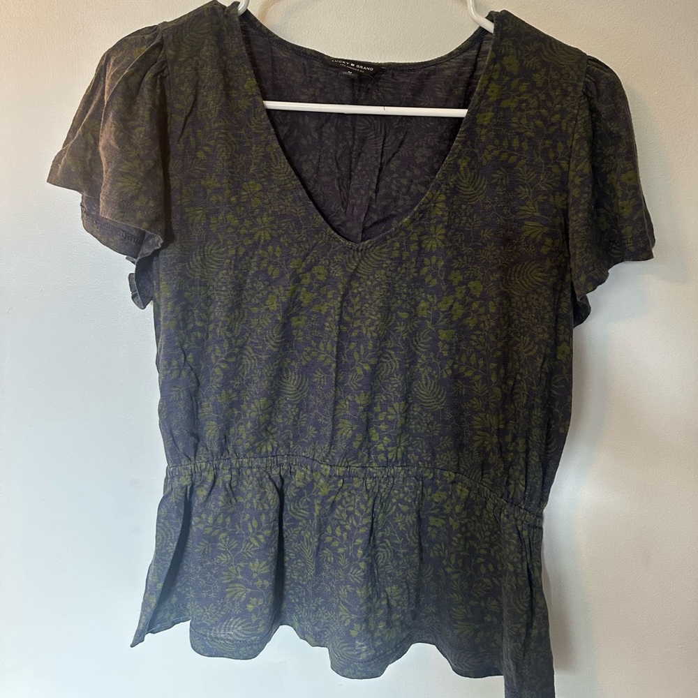 Lucky Brand Olive and Black Floral V-Neck top